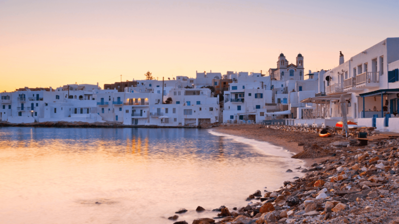 where to stay in paros for the best beaches, the view of naousa town and beach