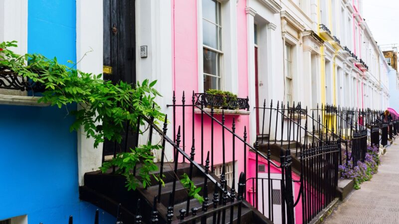 a row of colourful houses in Nottinghill in London