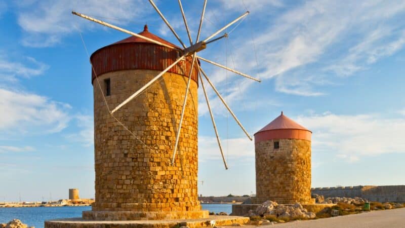 The windmills on Rhodes waterfront