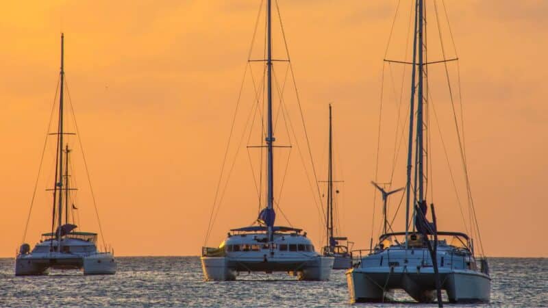 three catamarans anchored at sunset