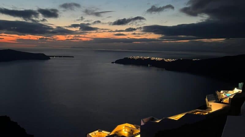 a night time view over the lights of santorini