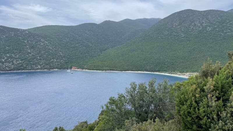 a beautiful beach surrounded by green tree in kephalonia