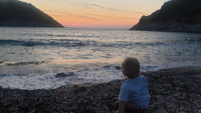 a baby staring at the sunset and thinking about songs about the sea